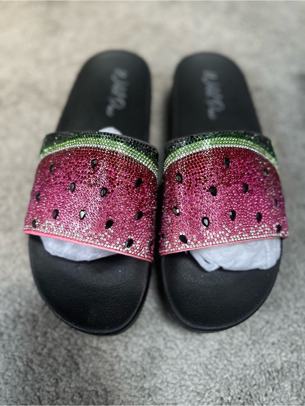 Wild Pair Caroletta Watermelon Bling Crystal Slide Sandals - Pink & Green